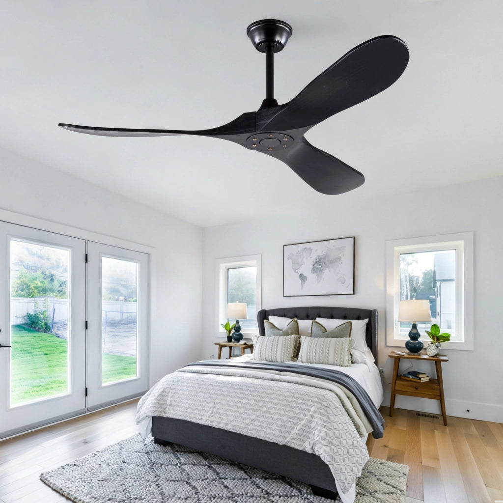 Ventilatore da soffitto nero design moderno 52 pollici, 3 pale legno massello, senza illuminazione, motore DC reversibile silenzioso