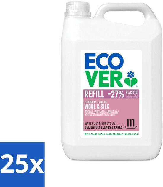 25 x Detersivo liquido per l'abbigliamento - Wol & Fino - Aqua e Melone - 5 litri - 111 lavaggi - Detersivo per lino e seta - Detersivo delicato per tessuti - Detersivo naturale - Detersivo delicato - Fino