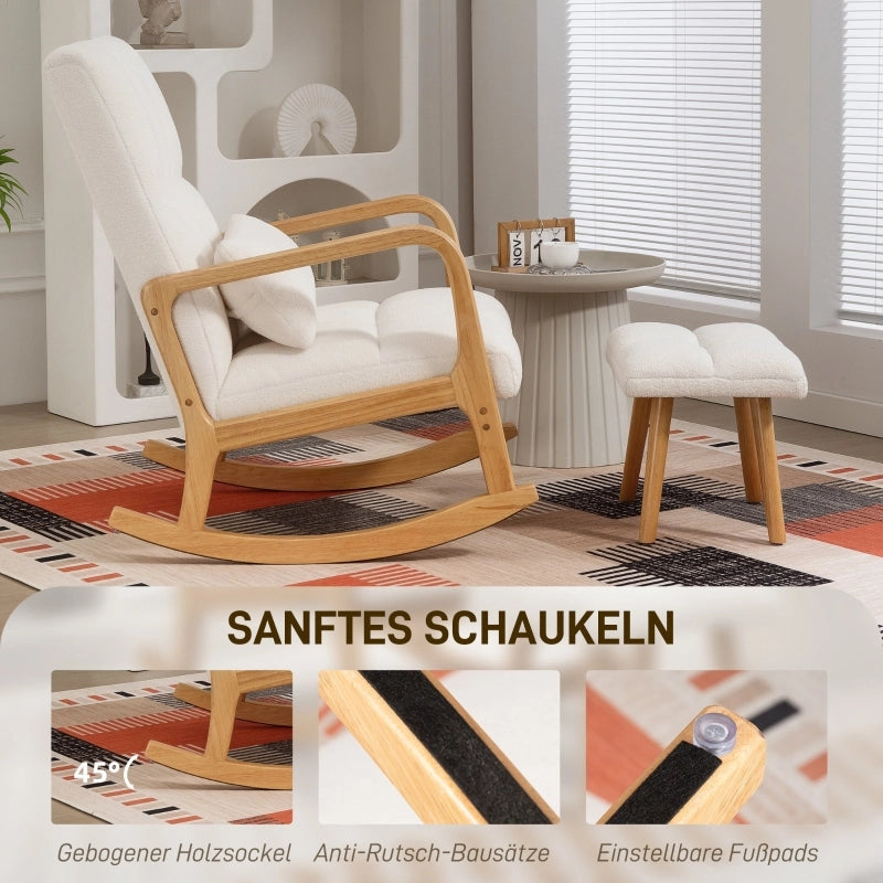 Poltrona a dondolo con pouf in pile braccioli e schienale alto imbottita in legno bianco per relax e comfort