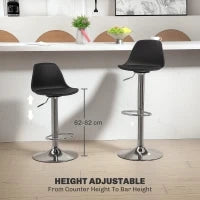 Set 2 Sgabelli da Bar con Schienale e Poggiapiedi, in PP, Pelle PU e Acciaio, 38x42x82-104 cm, Nero