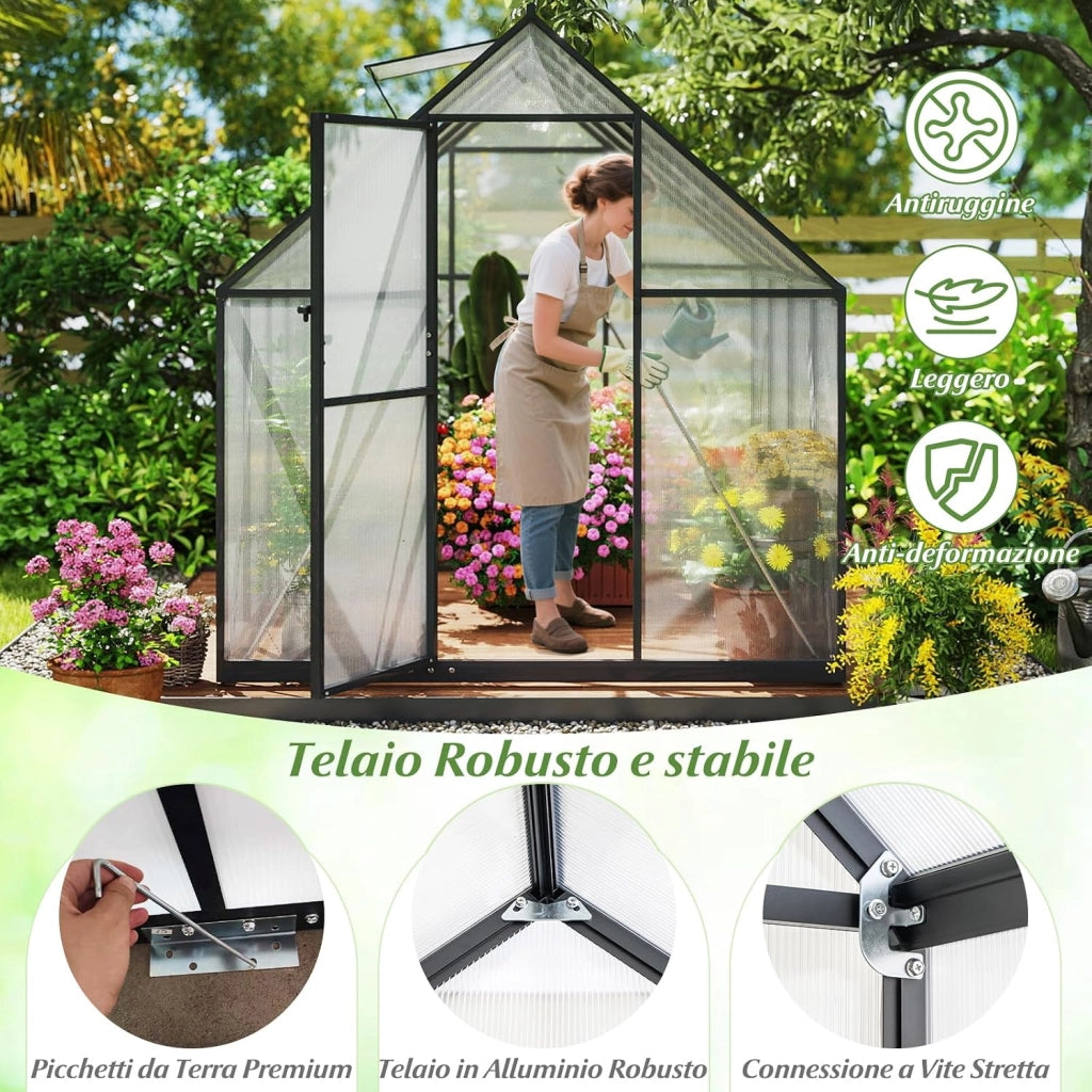 Serra da Giardino in Lega di Alluminio 250 x 190 x 195 cm, con Porta Bloccabile e Lucernario Regolabile, Pannello Trasparente in PC, Serra da Esterno per Piante, Fiori e Frutta