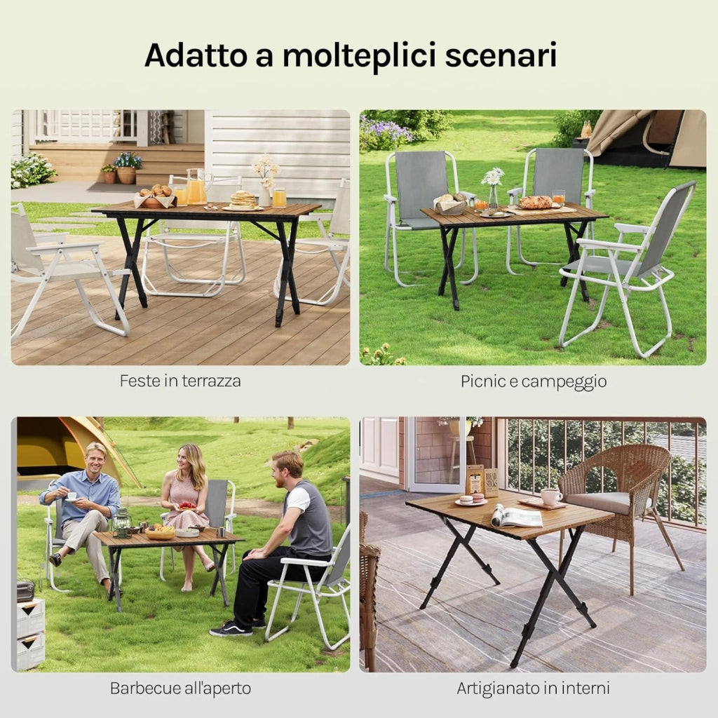 Tavolo da Campeggio Pieghevole Leggero, Tavolo da Esterno Portatile, Altezza Regolabile, Tavolo da Giardino con Piano Arrotolabile in Alluminio, Borsa Portaoggetti, Carico 50kg, Rovere Chiaro