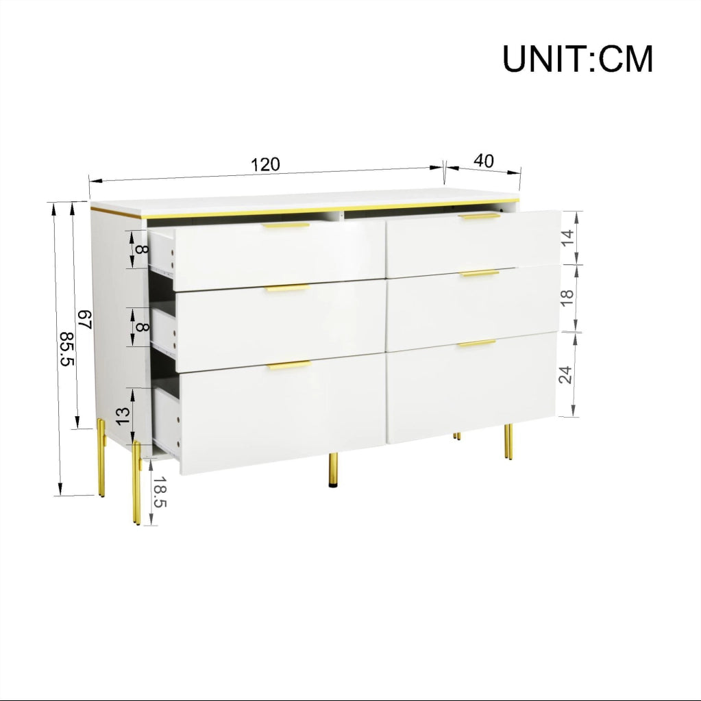 Madia 120x40x85.5 cm con 6 cassetti; frontali lucidi e dettagli dorati; in truciolato; bianco