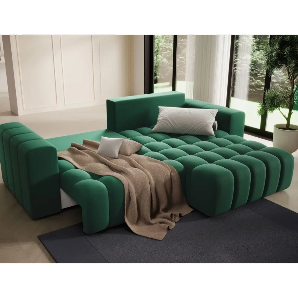 Divano angolare convertibile DORY verde scuro 250 cm con vano contenitore angolo destro