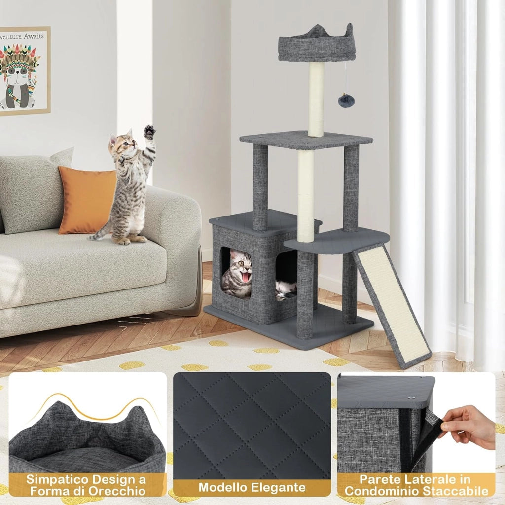 Tiragraffi per Gatto Alto 117 cm, Albero Tiragraffi Gatto con 5 Piattaforme, 2 Pali Sisal e Pallina Pompon, Torre Tiragraffi per Gatti con Grotta e Trespolo, Grigio