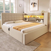 Letto 140x200 cm con contenitore idraulico e LED; lino; beige
