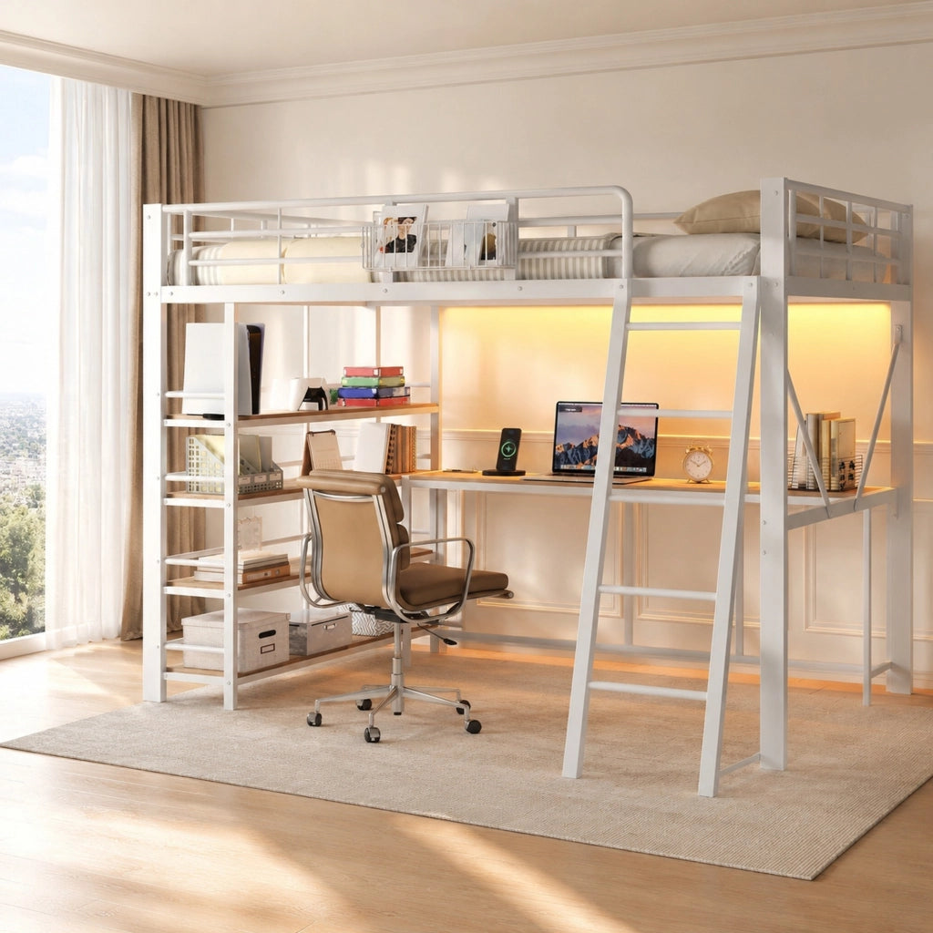 Letto a soppalco matrimoniale 140x200 cm con scrivania; LED; USB e ripiani; bianco