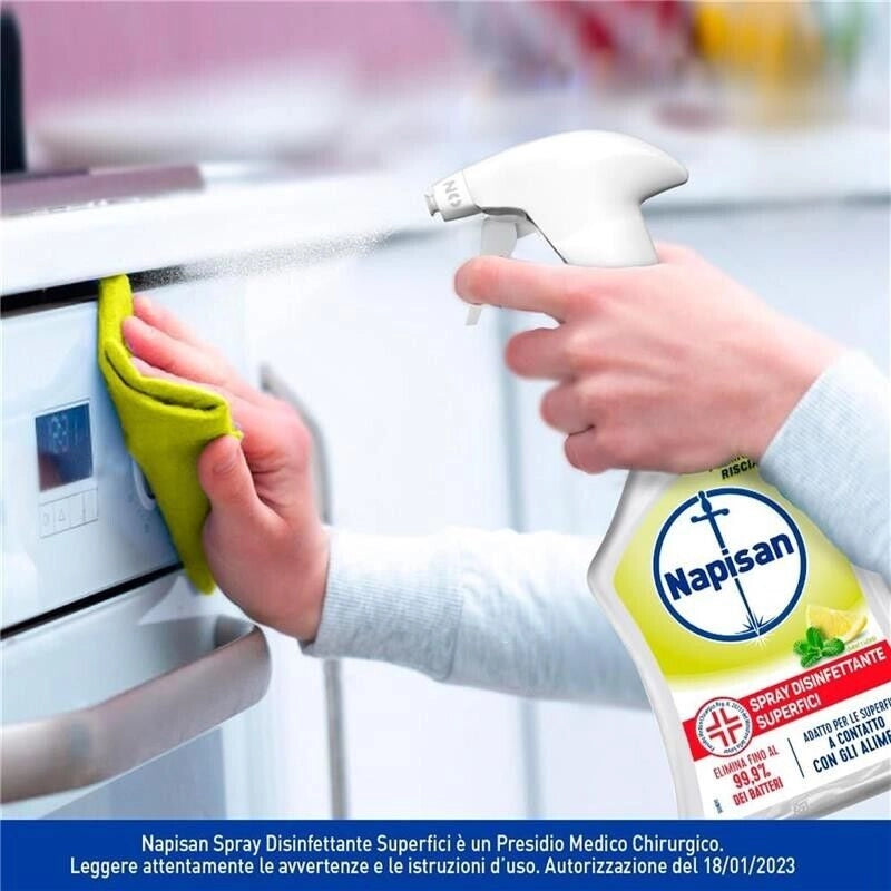 NAPISAN SPRAY DISINFETTANTE MULTISUPERFICI LIMONE E MENTA 740 ML ELIMINA 99,9% BATTERI PER SUPERFICI A CONTATTO CON ALIMENTI