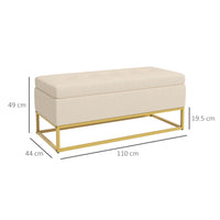 Panca Contenitore Rettangolare 110x44x49 cm con Seduta Imbottita e Gambe in Acciaio Beige