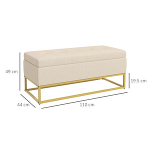 Panca Contenitore Rettangolare 110x44x49 cm con Seduta Imbottita e Gambe in Acciaio Beige
