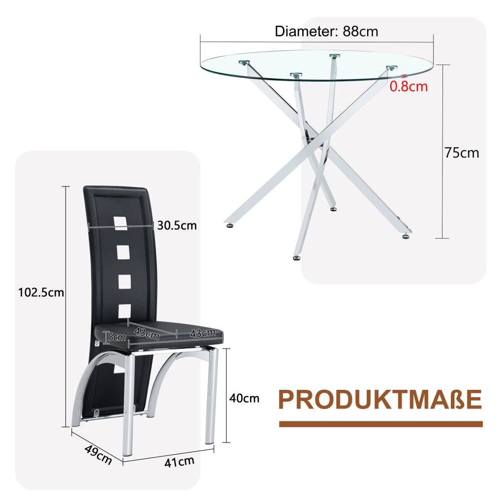 Set tavolo cucina e sedie con 1 tavolo rotondo e 2 sedie; vetro temperato; metallo argentato e PU nero