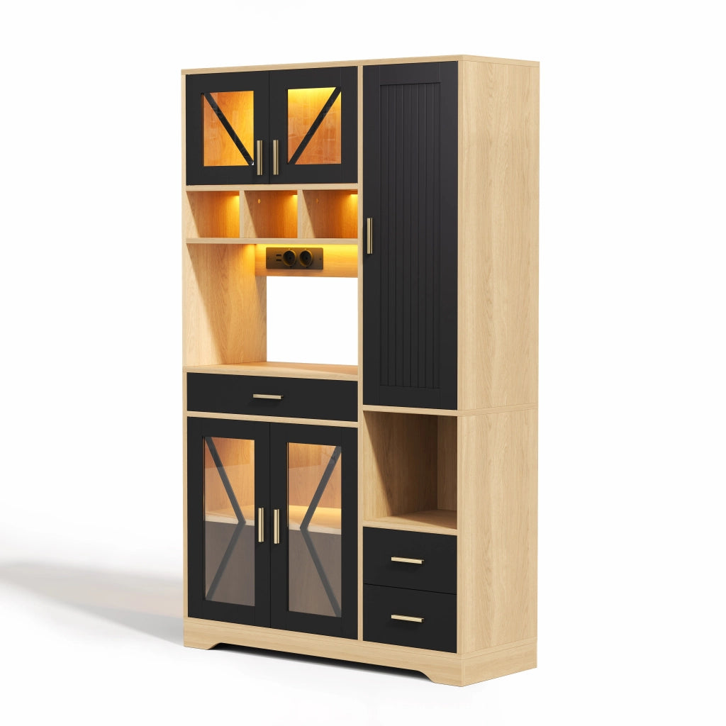 Buffet da cucina in stile vintage con LED RGB, prese e ampio spazio contenitore, 185 x 105 x 40 cm