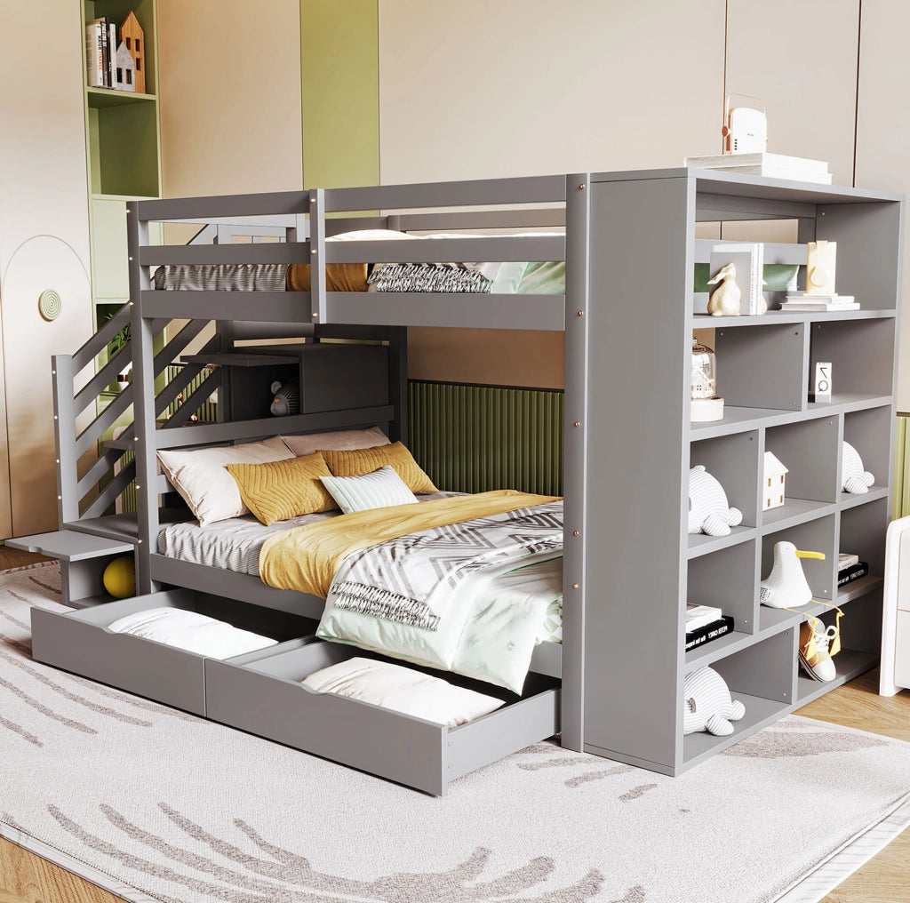Letto a castello 90x200 cm grigio con scala contenitore