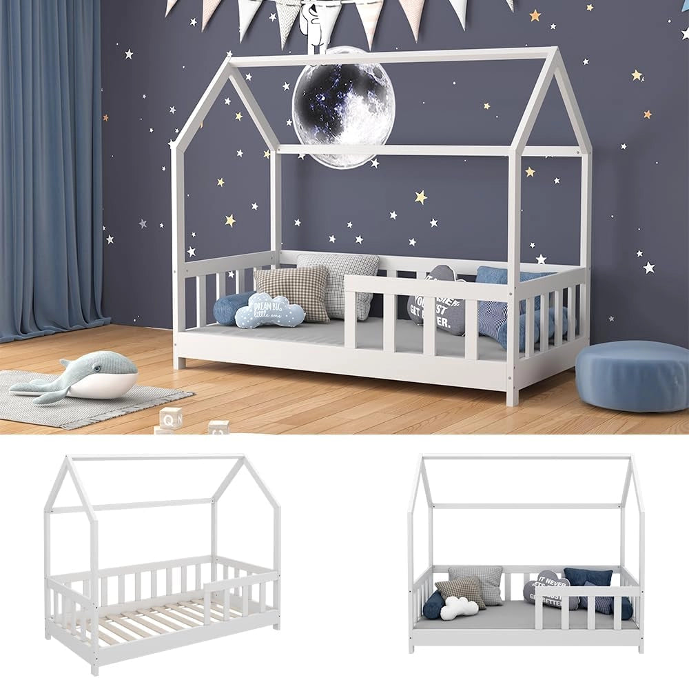 Letto montessori bambini Michelle, Bianco, 70x140 cm con protezione anticaduta, adatto per materassi 70x140 cm, combinabile con accessori