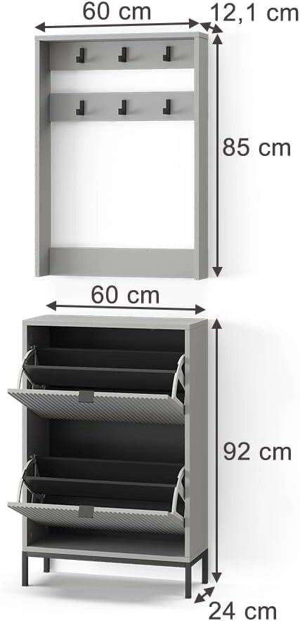 Armadio da ingresso Eliza, Grigio, 60 x 92 cm Set, 2 parti, per montaggio a parete con mensola e ganci appendiabiti