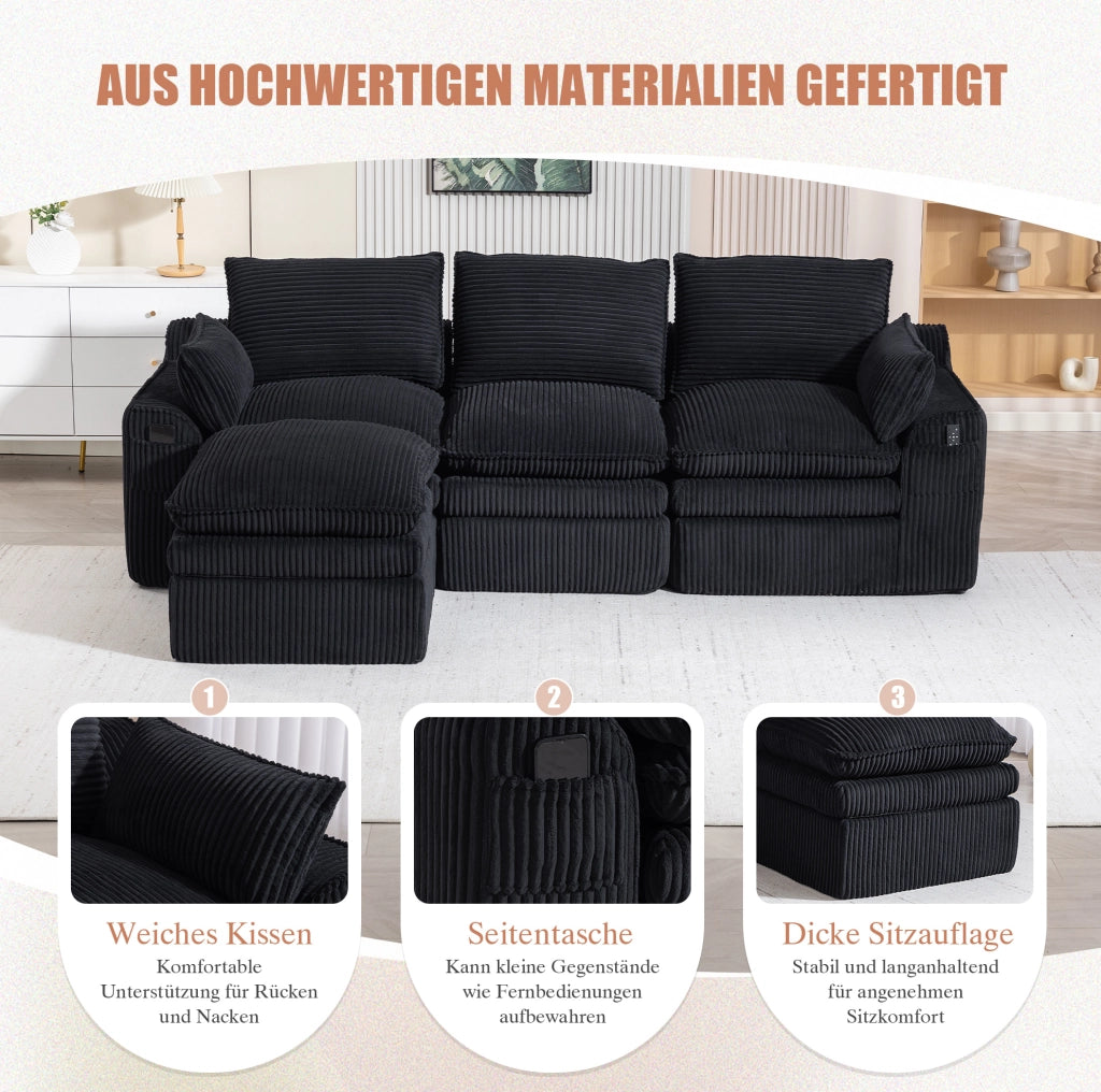 Divano modulare 263x167x85 cm in velluto a coste nero con tasche laterali e cuscini