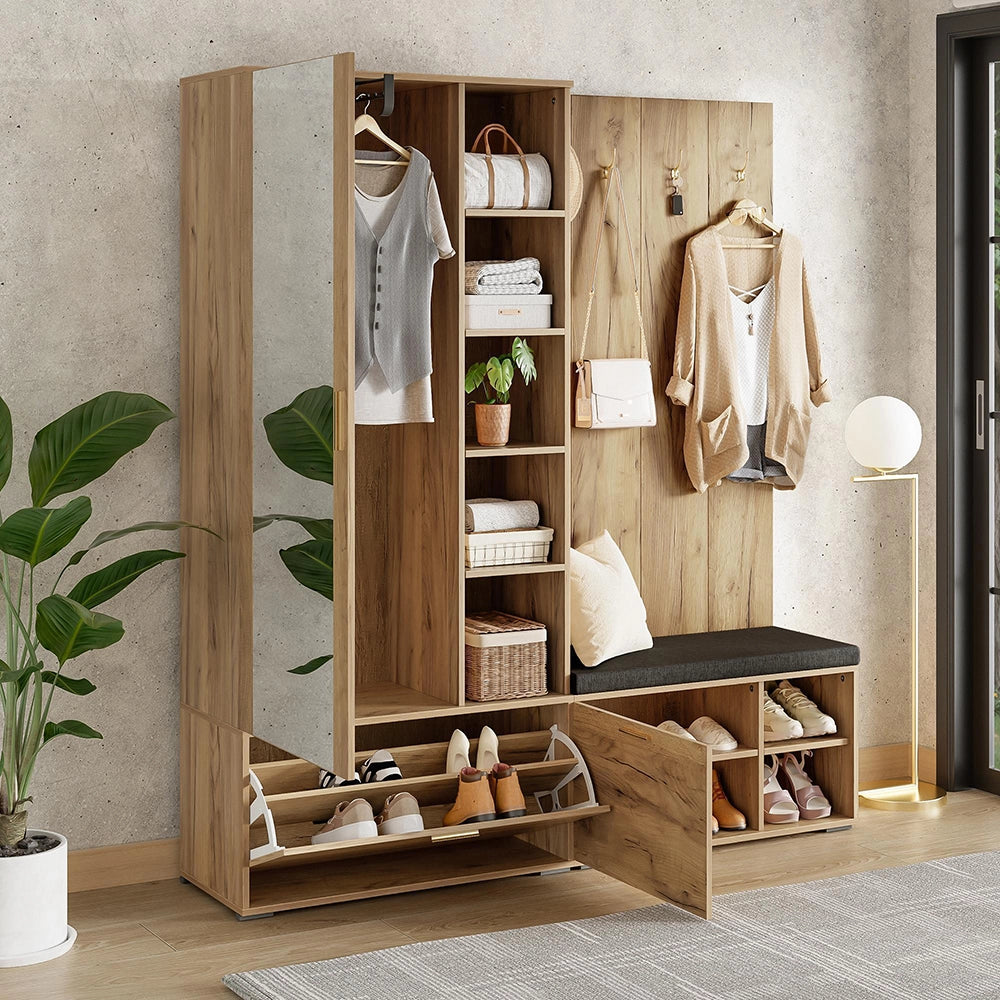 Complesso guardaroba - Xylo - 160¡Á38¡Á180cm - Colore legno - Specchio e panca