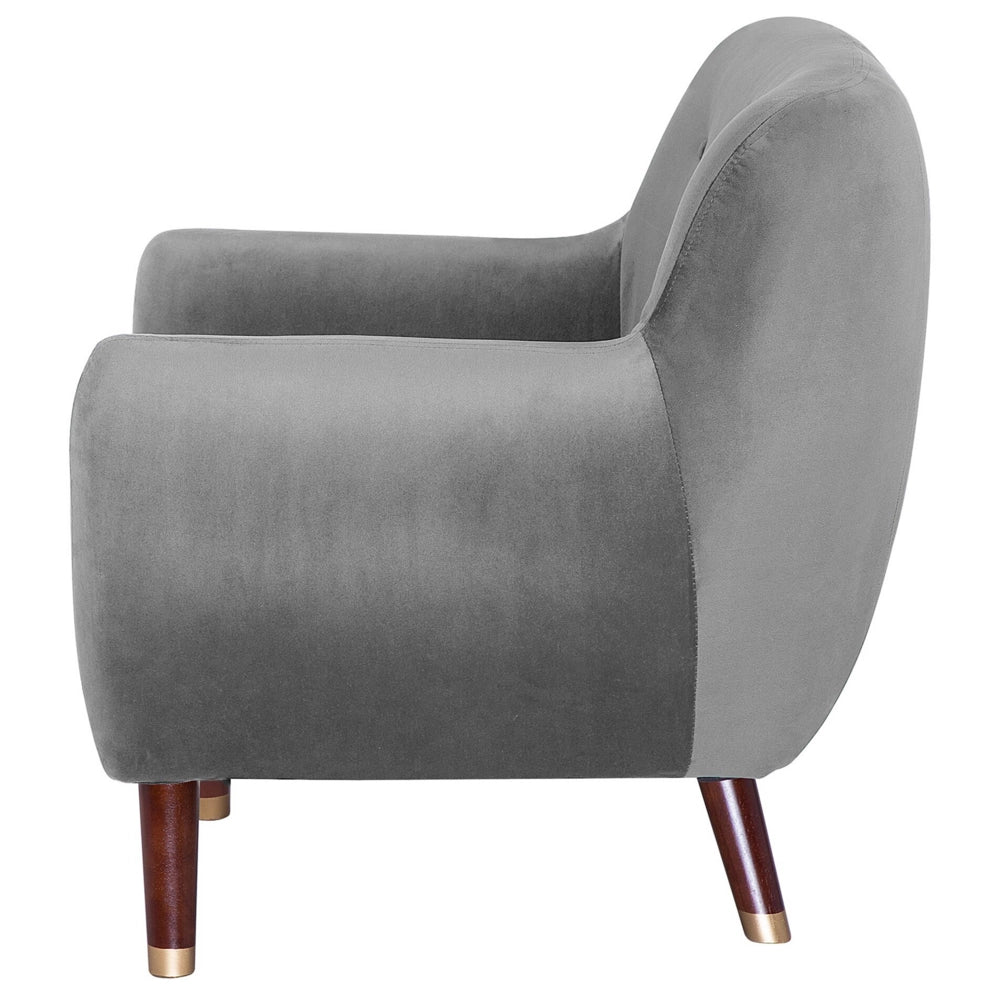 Poltrona in velluto grigio con gambe in legno con schienale capitonnè