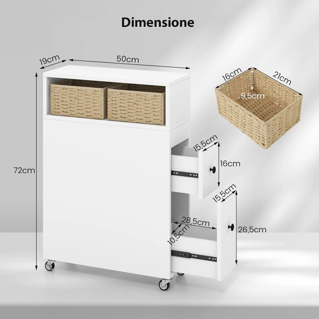 Mobile Bagno 50 x 19 x 72 cm, Arredo Salvaspazio con 2 Cassetti, 2 Cesti in Rattan, Ruote e Ripiani, Armadietto Stretto per Spazi Ridotti, Salotto e Cucina (Bianco)
