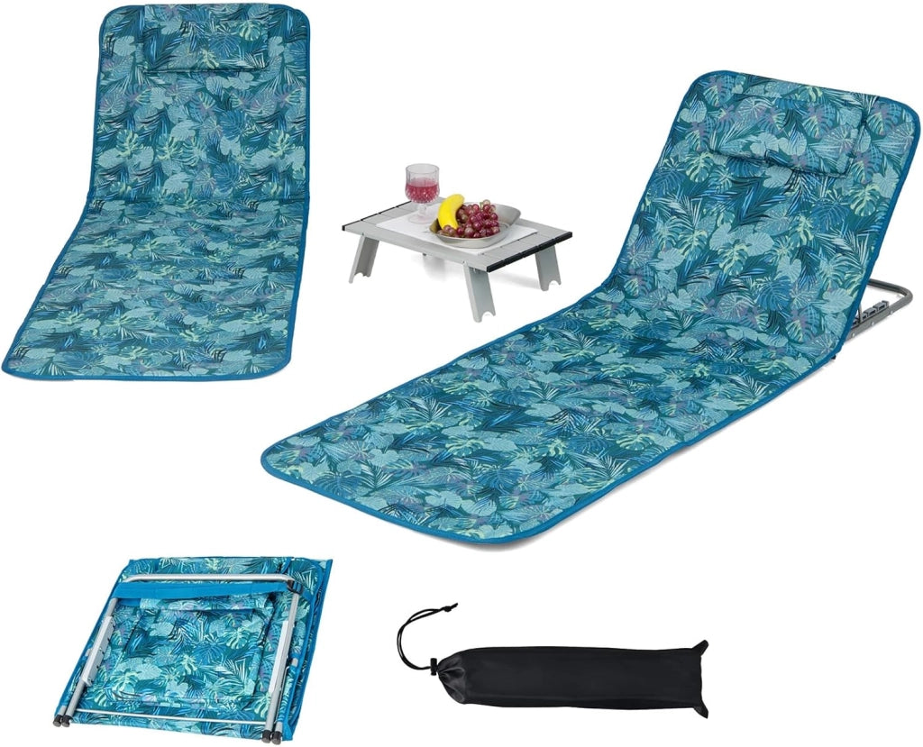 Set di 2 Lettini da Spiaggia con Tavolino, Stuoia Mare Imbottita Reclinabile in 5 Livelli Pieghevole, Tappetini da Spiaggia con Poggiatesta Rimovibile, Portabile con Tracolla, Blu