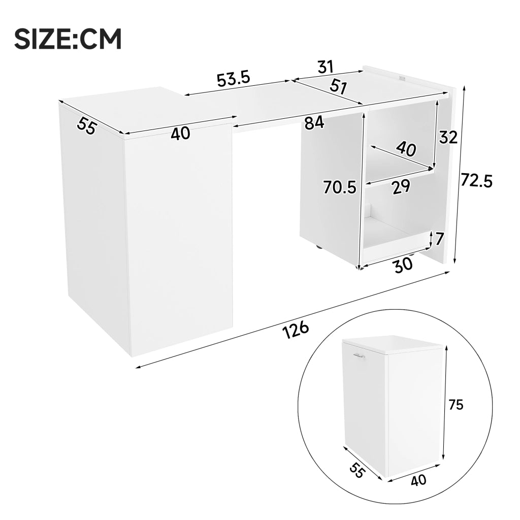 Scrivania Pieghevole Multifunzionale con Armadio ¨C MINIMAL ¨C Legno Bianco, 2 Vani, 126x55x75