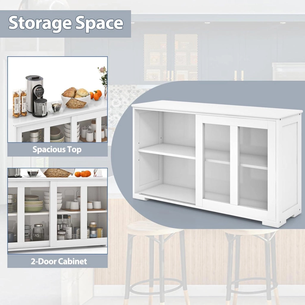 Mobile Buffet Dispensa Cucina con Ante Scorrevoli in Vetro Temperato e Ripiano Regolabile, Credenza Cucina, Armadietto a Buffet per Sala da Pranzo, Soggiorno, 107x33x64 cm (Bianco Puro)