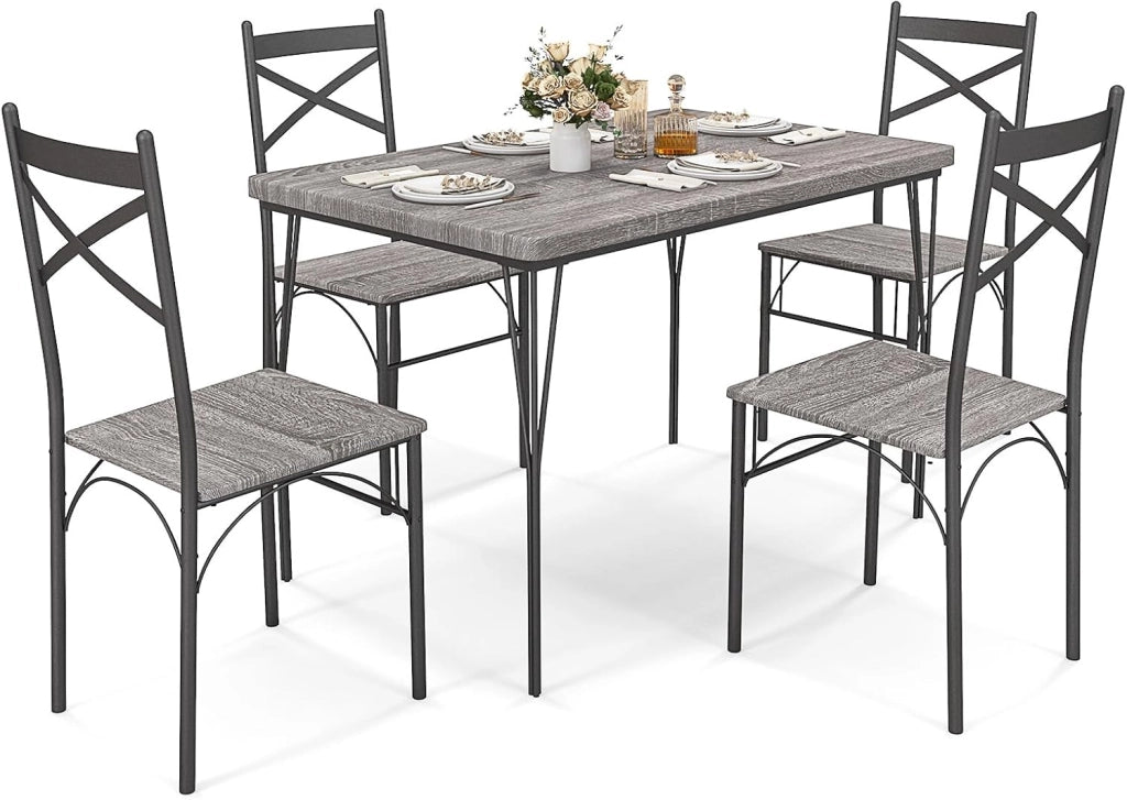 Tavolo da pranzo con 4 sedie, 5 cucchiai. Set da pranzo per 4 persone, set da tavolo in metallo e legno, tavolo da cucina, tavolo da pranzo con 4 sedie