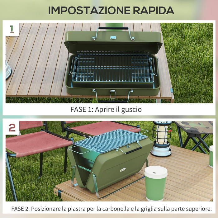 Barbecue Portatile e Pieghevole a Valigetta 47x30x28 cm a Carbonella Verde