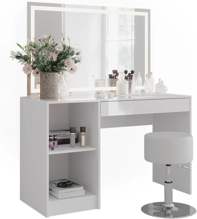 Tavolo da toeletta Sherry, Bianco/bianco lucido, 119.8 cm con illuminazione a LED e sgabello, adatto per l'uso quotidiano in camera da letto o cabina armadio