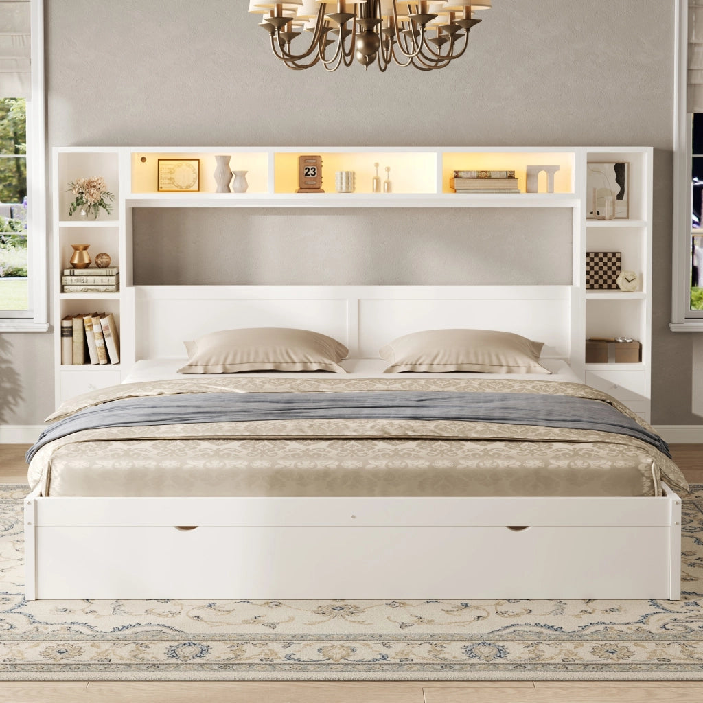 Letto contenitore 180x200 cm con testiera libreria; 7 cassetti e LED; bianco