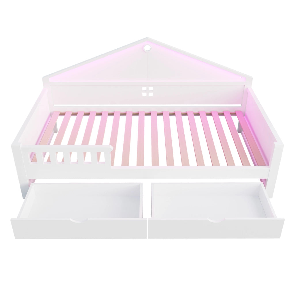 LETTO 90x200 cm con LED e 2 cassetti Bianco, Legno massello e MDF