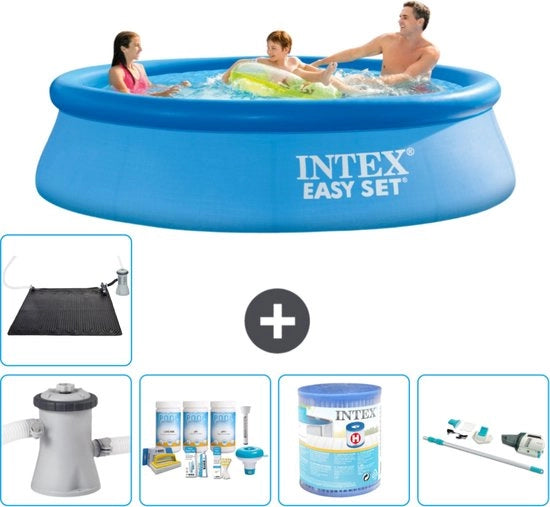 Piscina Rond Opblaasbar Easy Set - 305 x 76 cm - Blu - Incluso Kit di Manutenzione - Filtro - Aspirapolvere - Pannello Solare - Piastrelle per Pavimento
