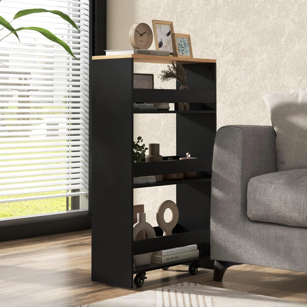 Carrello da Cucina a 4 Ripiani, Carrello in Legno con 4 Ruote Universali, Carrello Scaffale Stretto Salvaspazio con Manico per Bagno, Ufficio, Officina, 47,5 x 20 x 80,5 cm (Nero)