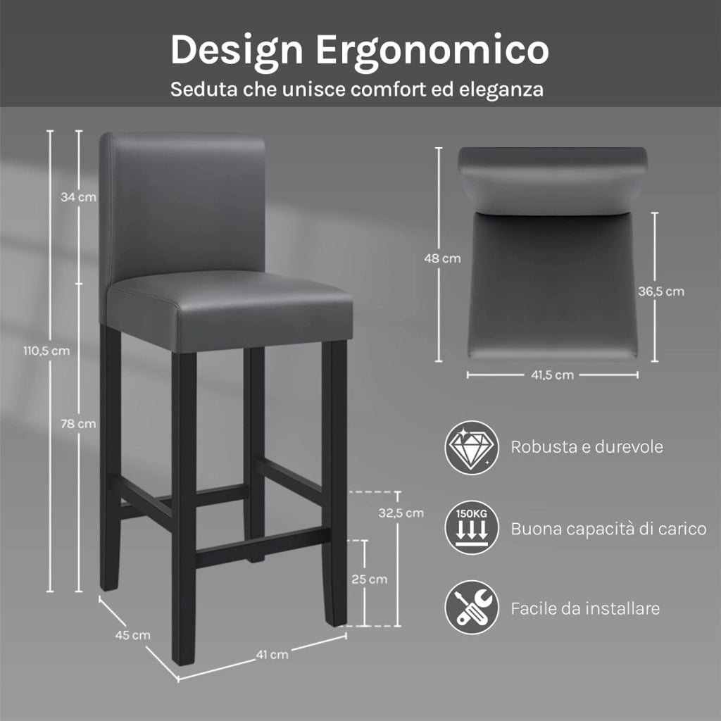 Sgabello da Bar con Schienale Poggiapiedi Sedie da Pranzo Imbottita Sedia Alta per Ristorante Cucina Legno+PVC Grigio 2 Pezzi