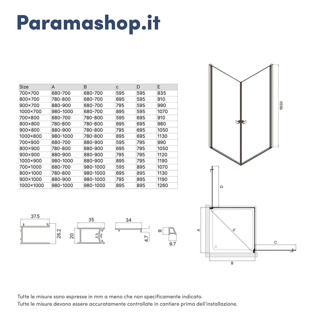 Box doccia angolare 80x80cm doppio battente profili cromati e vetro da 8mm trasparente h195 | Fiji