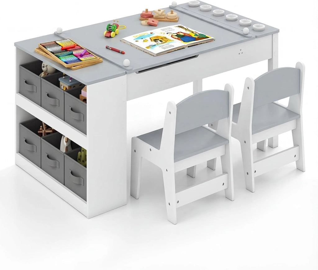 Set Tavolo da Disegno e Cavalletto per Bambini 3+ Anni con 2 Sedie, Tavolo Multifunzione in Legno con Piano Sollevabile, Rotolo di Carta, 6 Bicchieri di Vernice (Grigio)