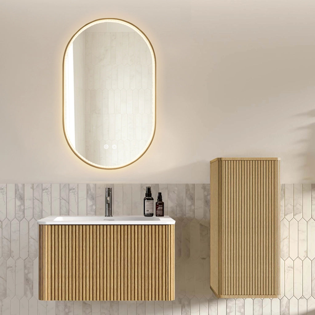 Mobile bagno con lavabo; specchio LED e colonna sospesa con spazio contenitore per bagno; in MDF vetro e rovere