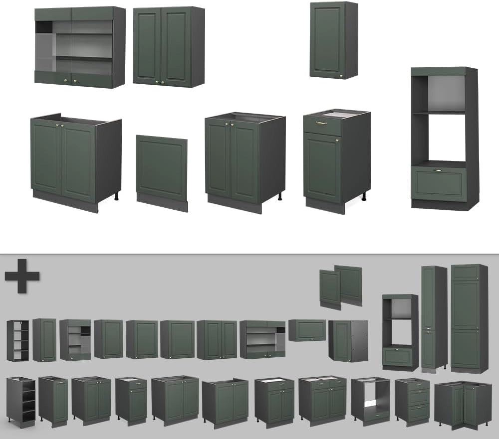 Cucina componibile Fame-Line, Verde-oro Country House/Antracite, 300 cm con armadio alto, PL Rovere, espandibile con moduli aggiuntivi e disposizione variabile