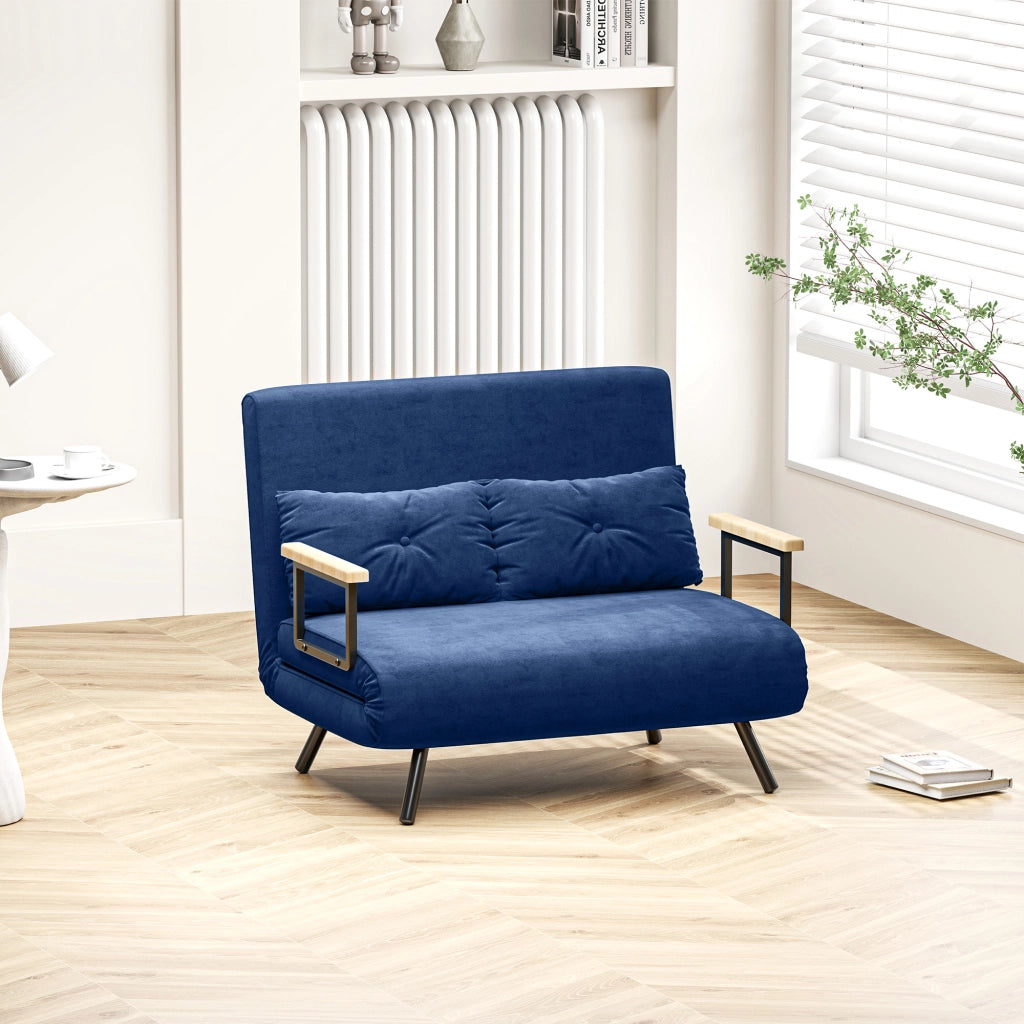Divano Letto 3 in 1 in Tessuto Effetto Velluto con Schienale Regolabile e 2 Cuscini, 102x73x81 cm, Blu