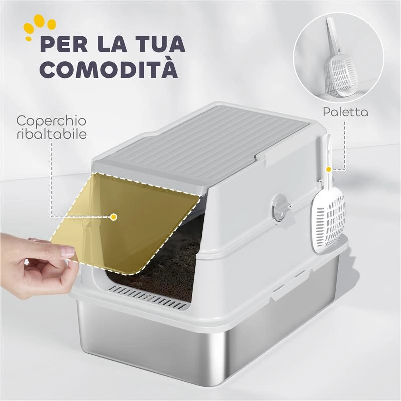 LETTIERA PER GATTI GRANDI IN ACCIAIO INOX CON COPERCHIO RIBALTABILE, PALETTA E DEODORANTE, GRIGIO CHIARO
