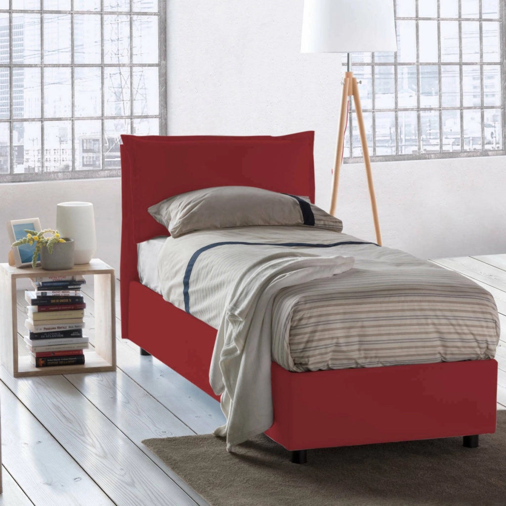 Letto singolo Aren, Letto contenitore con rivestimento in tessuto, Made in Italy, Apertura laterale, con materasso cm 80x190 incluso, Rosso