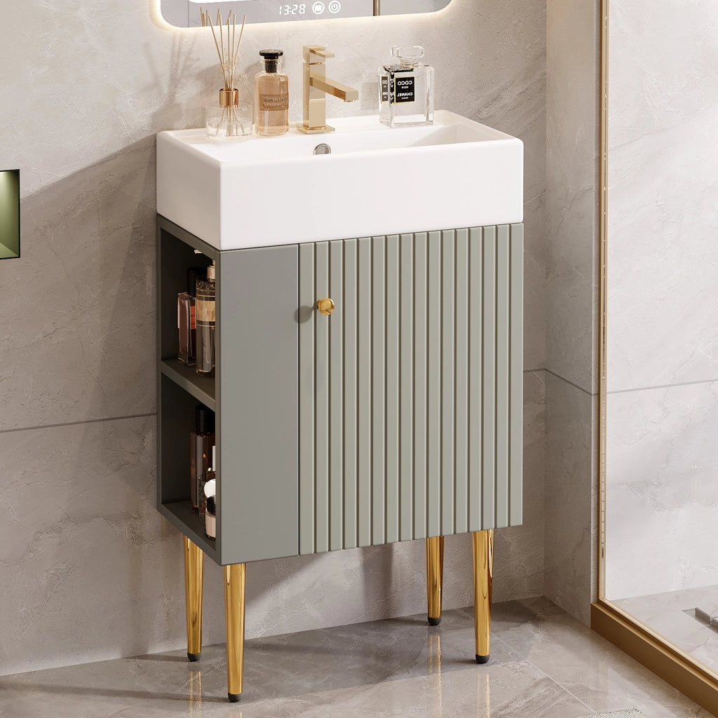 Mobile sotto lavabo da bagno con lavabo in ceramica; vani laterali; per bagno piccolo; grigio e bianco