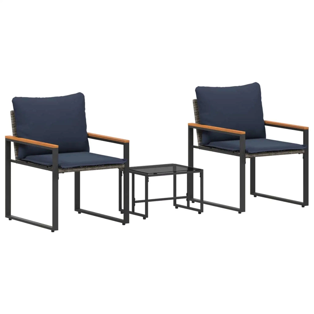 Set di Mobili con cuscino 3 pz | Set Salotto da Giardino Grigio e Blu Navy Rattan