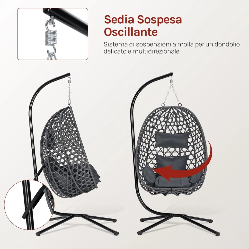 Poltrona Sospesa a Uovo, Sedia Sospesa con Supporto in Metallo, Cuscino e Poggiatesta, Altezza Regolabile, in Rattan PE, per Giardino, Terrazza, 102x100x196 cm, Grigio