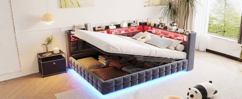 Letto divano 140 × 200 cm con contenitore idraulico, LED, presa USB e Type-C, senza materasso, in velluto grigio