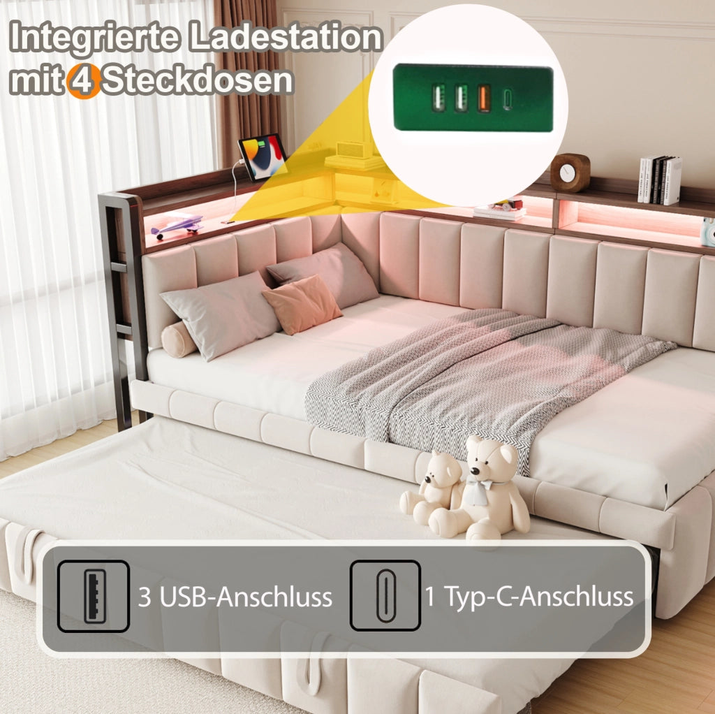 Divano letto estraibile 90x200 cm con LED; USB e USB-C in velluto beige