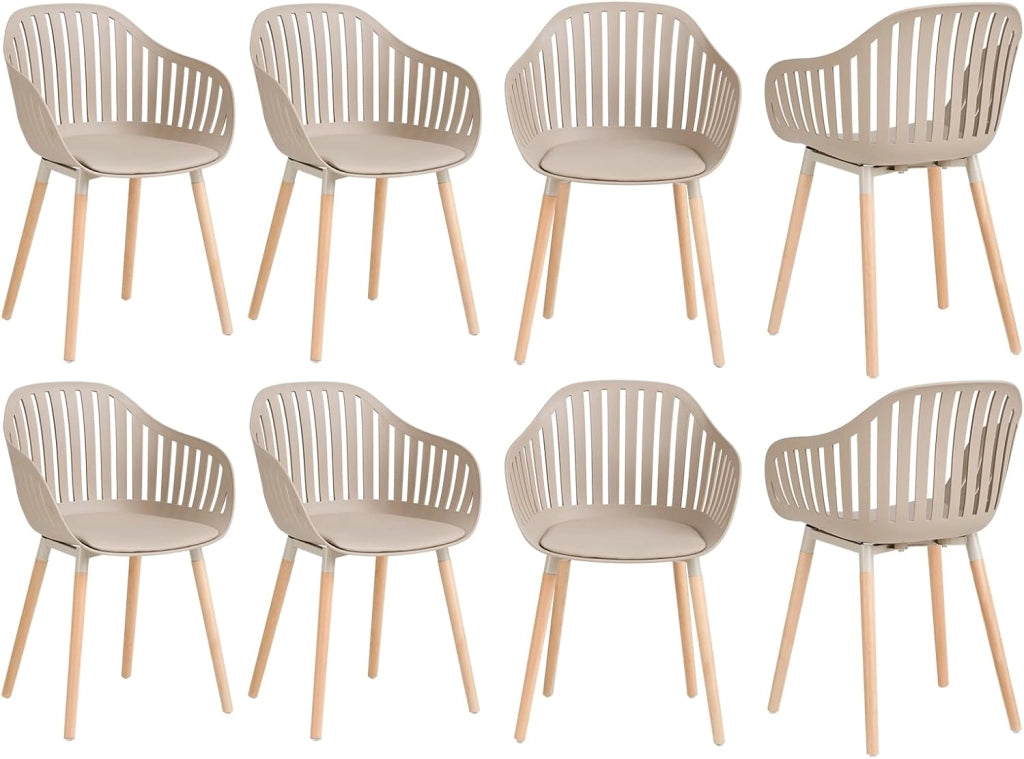 GrandCA HOME Set di 8 Sedie da Pranzo Moderne, Sedie da Cucina con Braccioli e Cuscini di Seduta, Schienale Verticale Cavo e Gambe in Legno per Soggiorno, Balcone, Ufficio - Cachi-mt