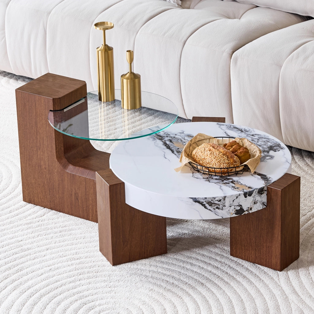 TAVOLINO DA CAFFÈ Set da 2 pezzi rotondo MDF effetto noce bianco marmo vetro