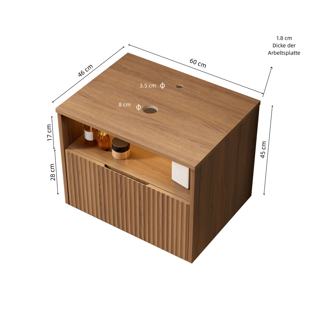 Mobile bagno sospeso con cassetto frontale con venatura 3D per bagno in compensato; rovere marrone; 69×55×54 cm