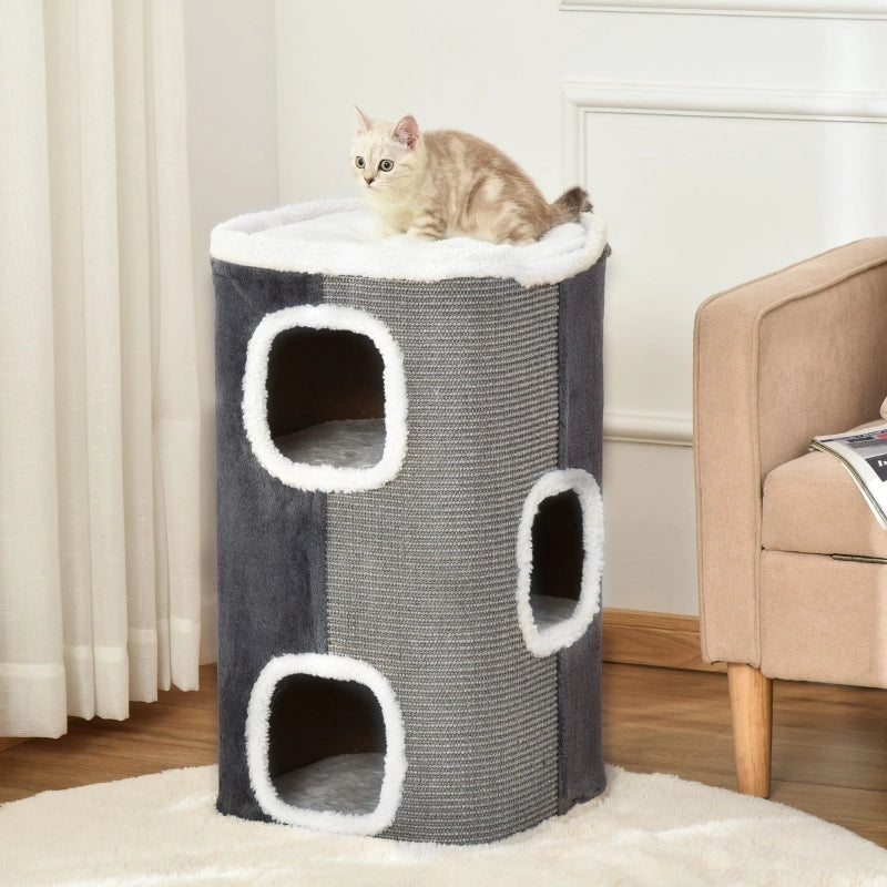 Tiragraffi per gatti a 3 livelli con fori, rivestimento in poliestere, colore grigio, 40x40x74 cm